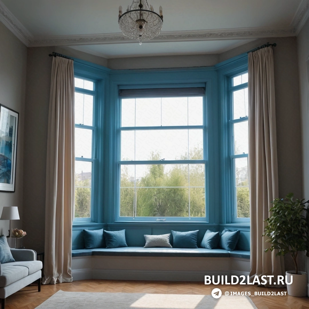 Движение искусств и ремесел - цифровая визуализация. Гостиная с диваном и окном с видом на деревья за окном и люстрой