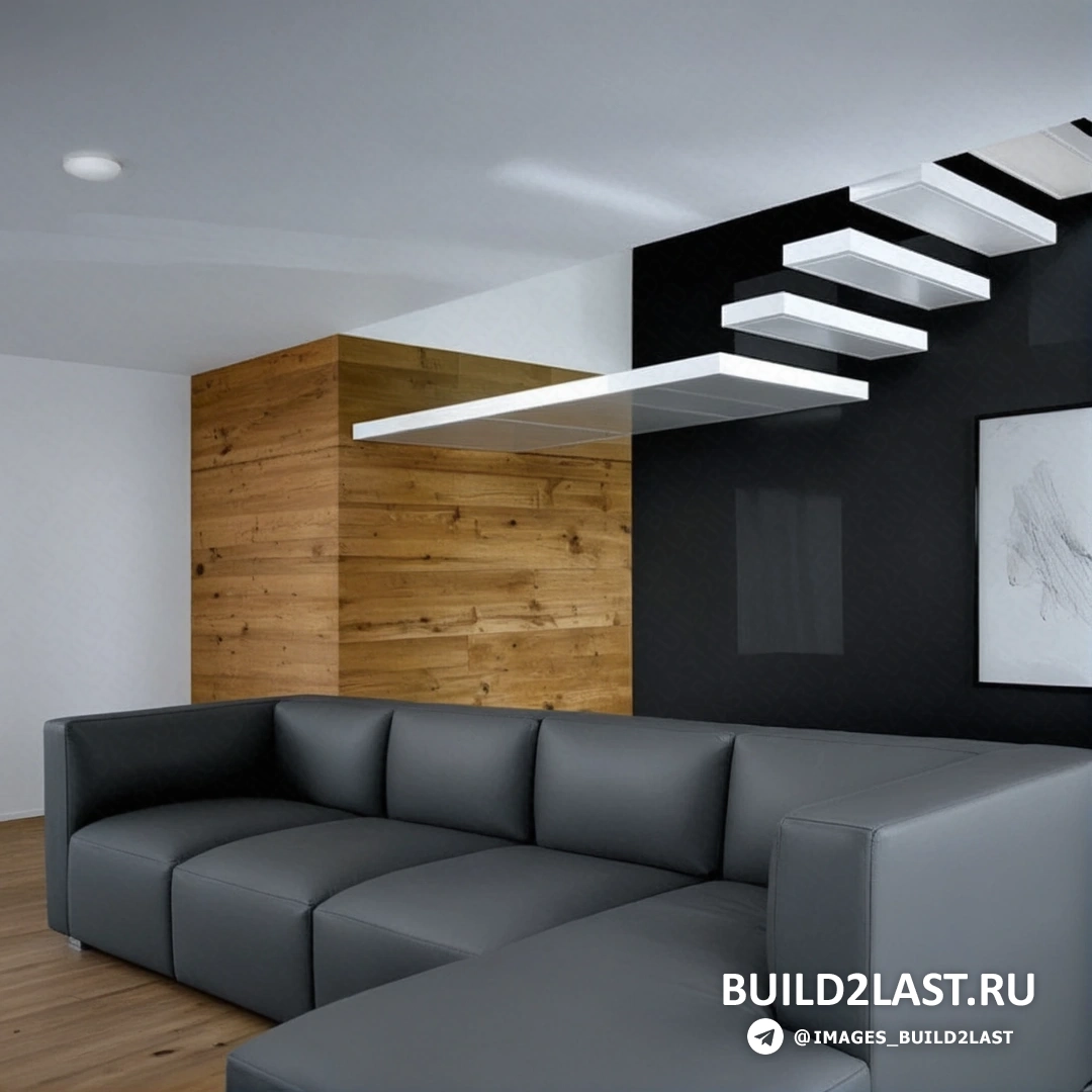 Апартаменты Interno I в Италии с современным интерьером, реконструированным домом и минималистичными элементами. Гостиная с диваном, лестницей и панелями в современном стиле. Черные и серые оттенки, декоративные покрытия и ламинат/паркет.