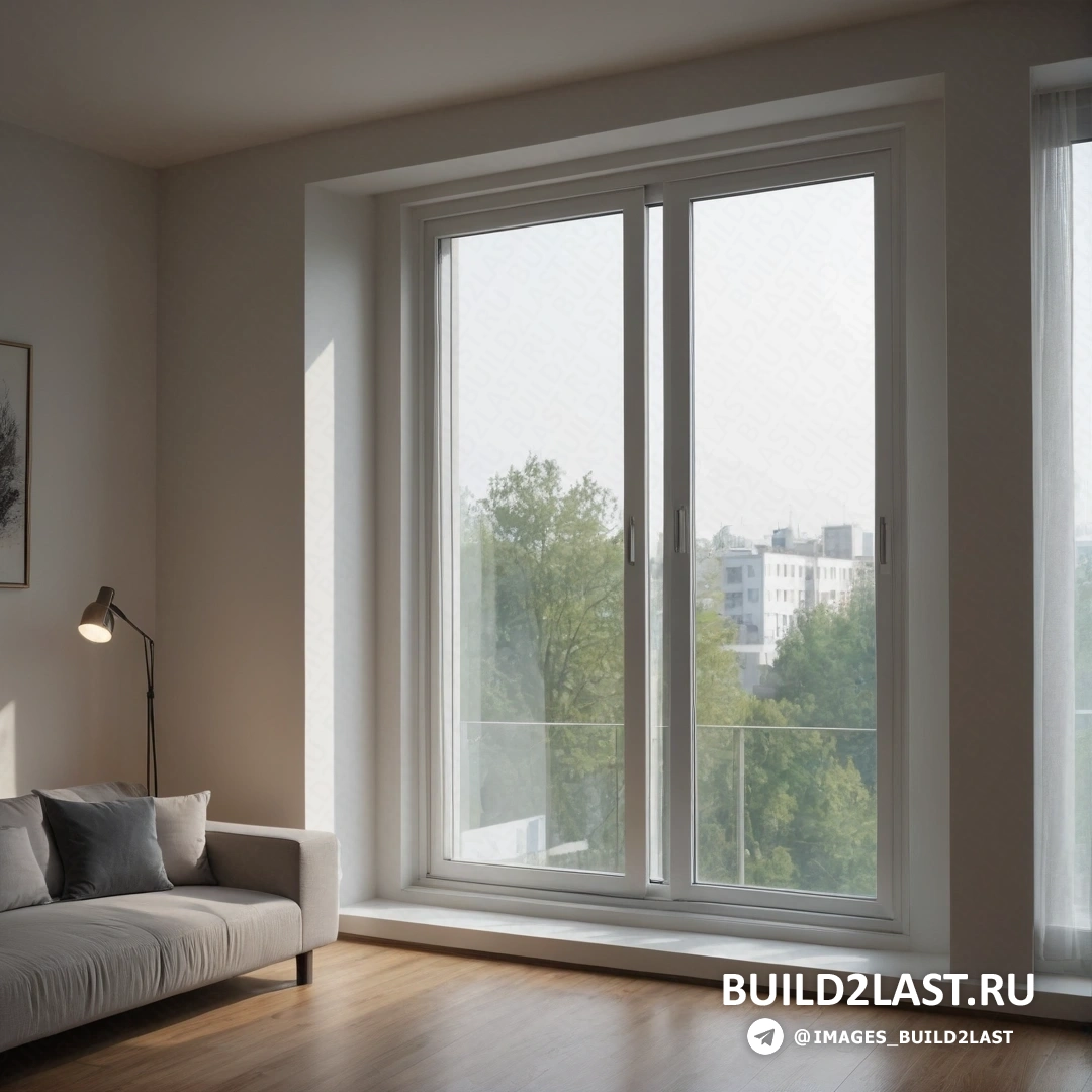 Фотореализм - цифровая визуализация. Гостиная с диваном и большим окном с видом на город за ним