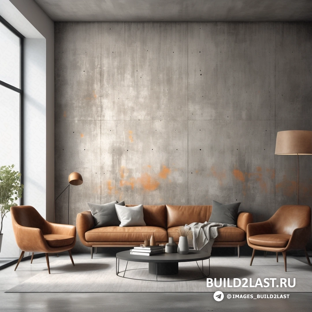 Concrete art - сверхтонкая детальная роспись. Гостиная с диваном, стулом, столом и лампой и большим окном на заднем плане.
