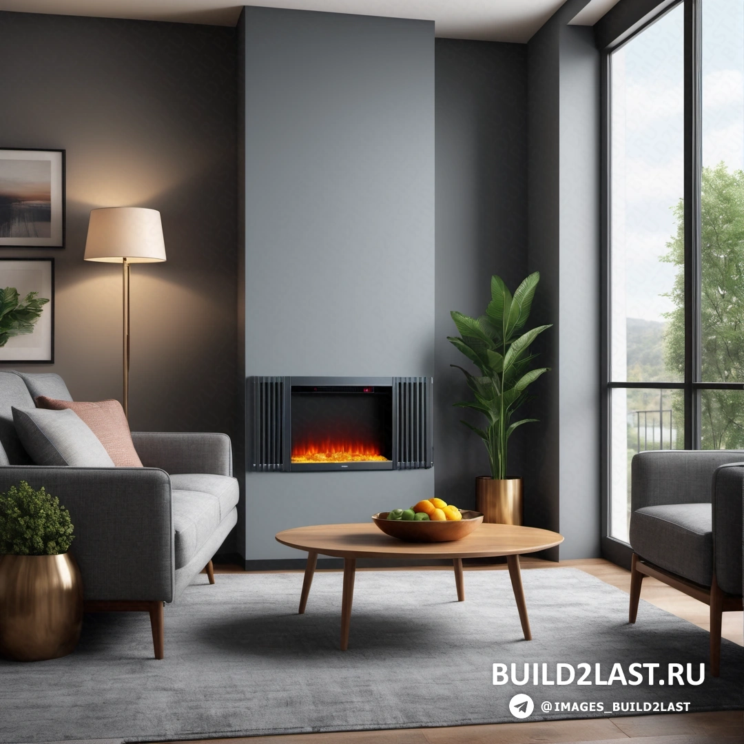 фотореализм - 3D рендеринг. гостиная с диваном, стулом, столом и камином с растением в горшке на столе