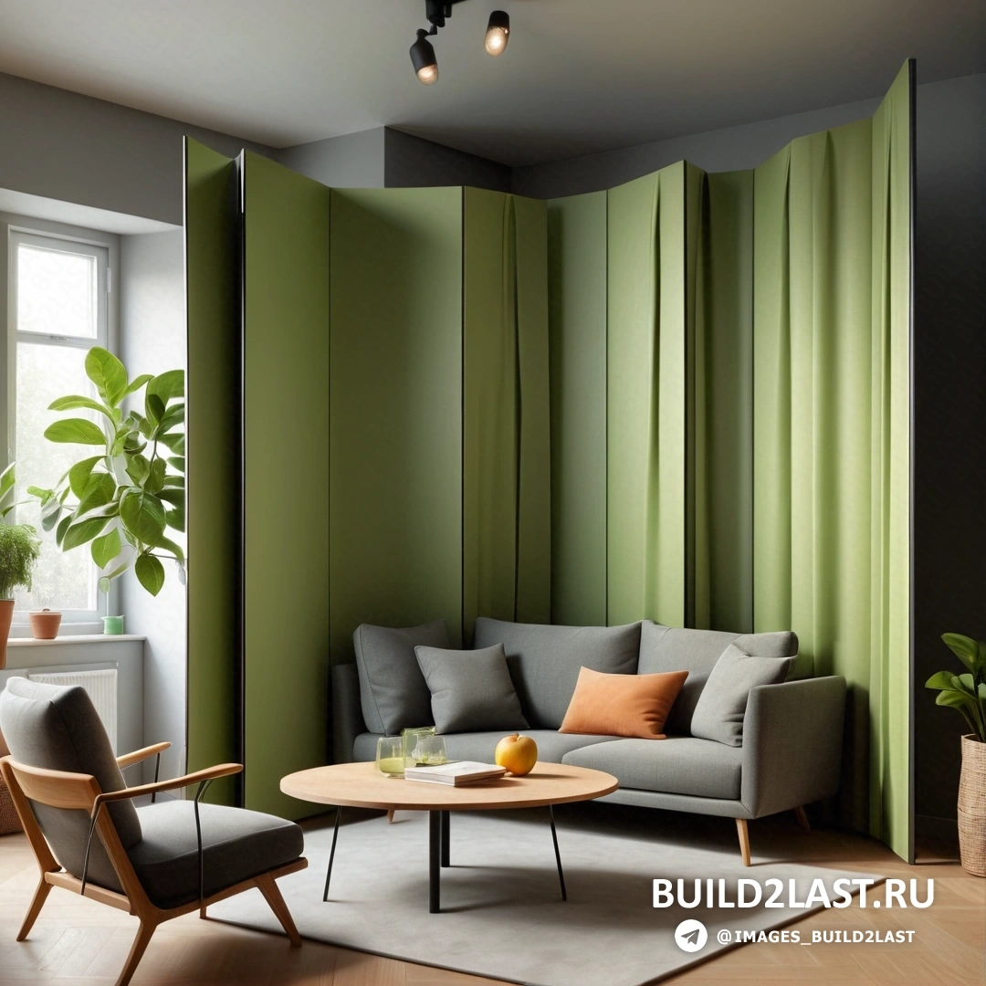Свет и пространство - 3D рендер. Гостиная с диваном, стулом, столом, зелеными стенами и растением в горшке.