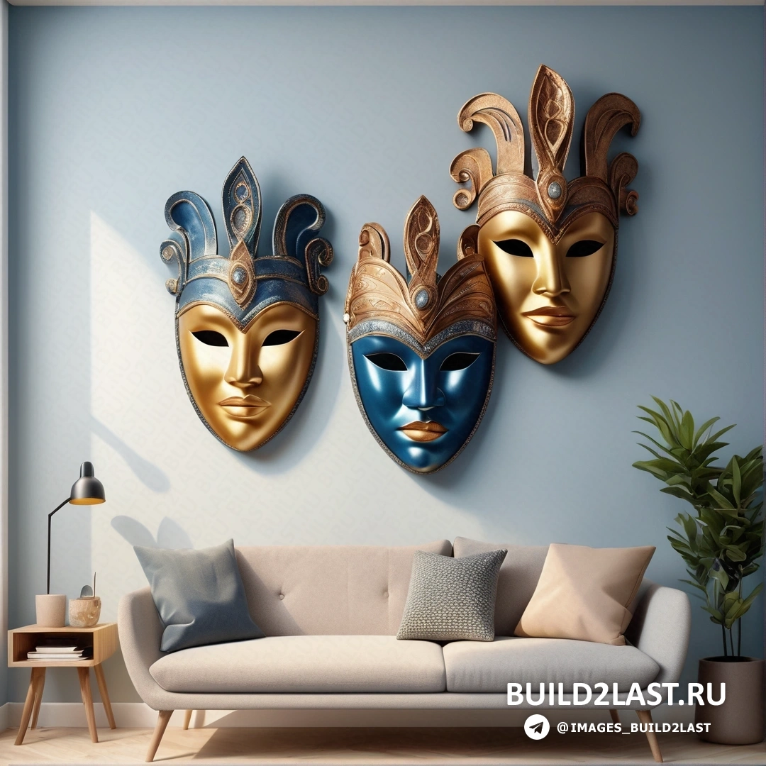 Lyco art - 3D рендер. Гостиная с двумя масками на стене и диваном перед ней с растением в углу.