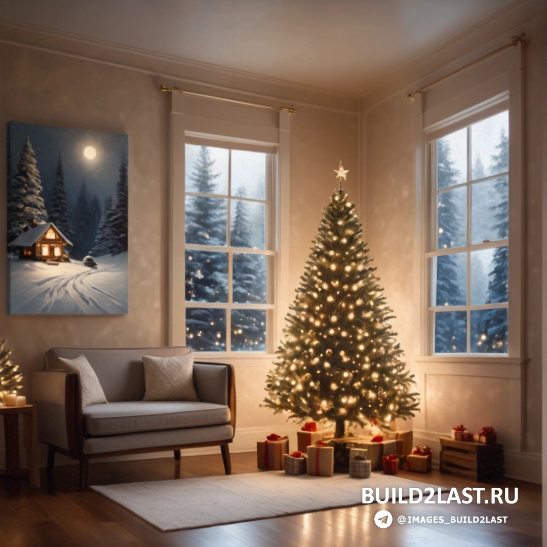 гостиная с елкой и диваном перед окном со снежной сценой