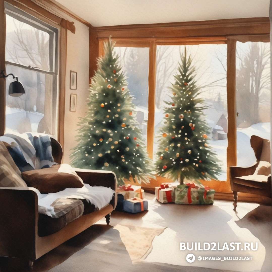 гостиная с елкой и диваном перед окном со снежной сценой за окном