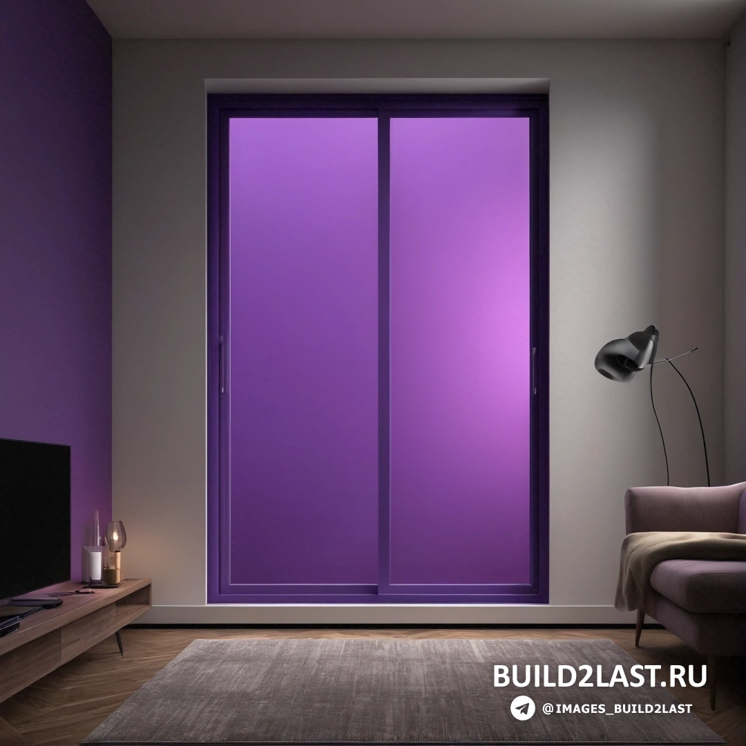 Синхромизм - цифровая визуализация. Гостиная с фиолетовой стеной и большой раздвижной стеклянной дверью, которая открывается к телевизору и дивану
