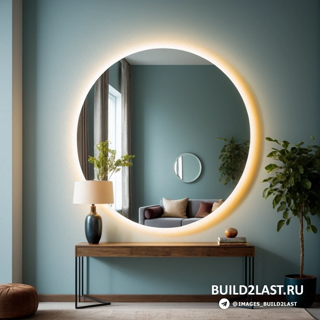Свет и пространство - 3D рендер. Гостиная с круглым зеркалом, диваном и растением в горшке на столе.