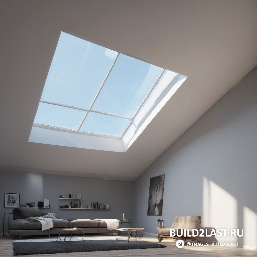 Свет и пространство - 3D-рендер. Гостиная с мансардным окном и диваном в центральной части