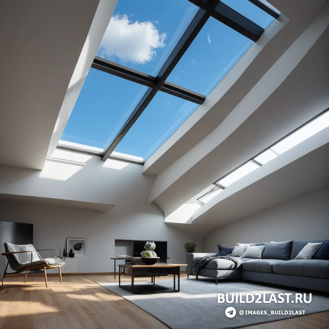 Свет и пространство - цифровая визуализация. Гостиная с мансардным окном и диваном в его центральной части со столом и стульями