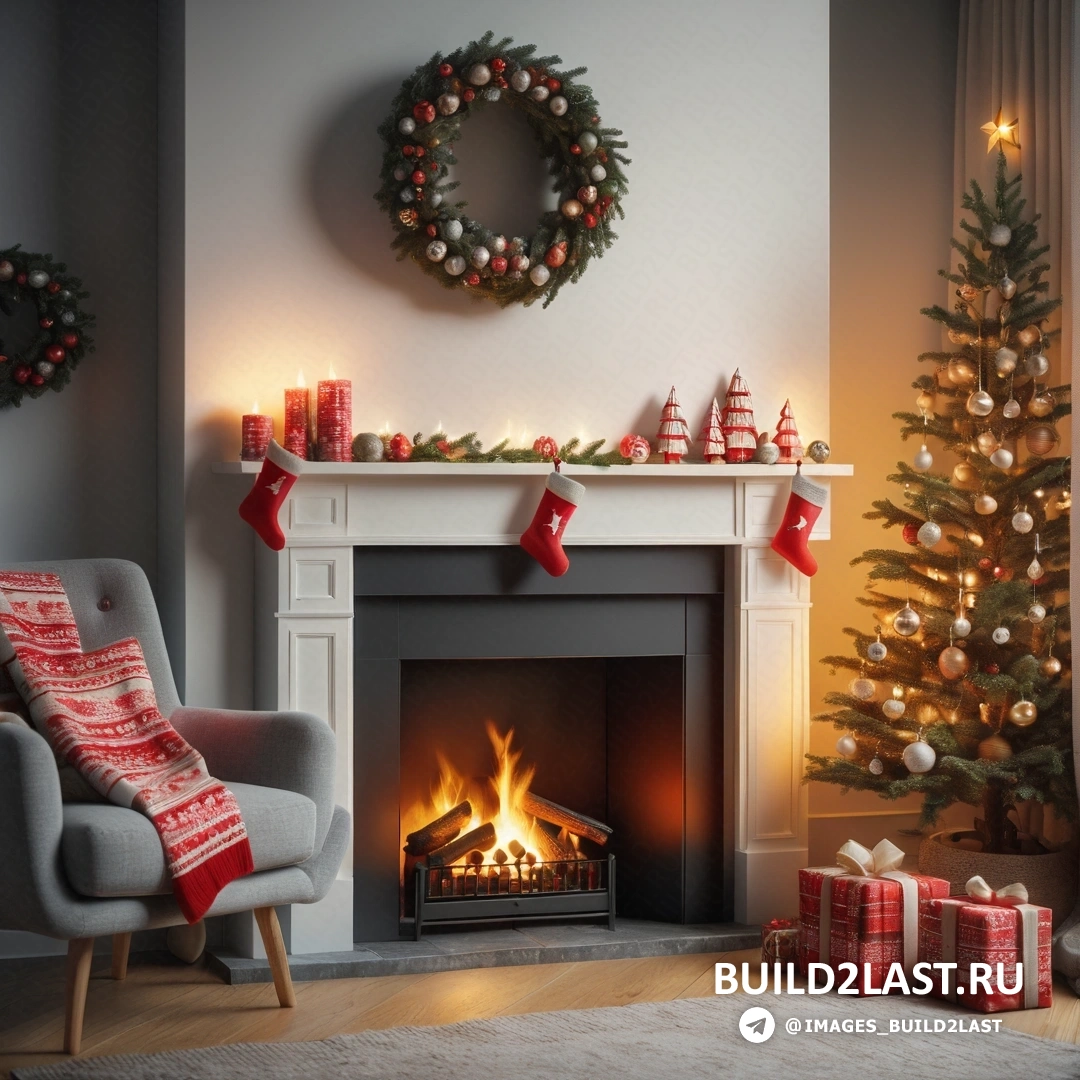 гостиная с рождественской елкой и камином с подарками на каминной полке и венком на стене