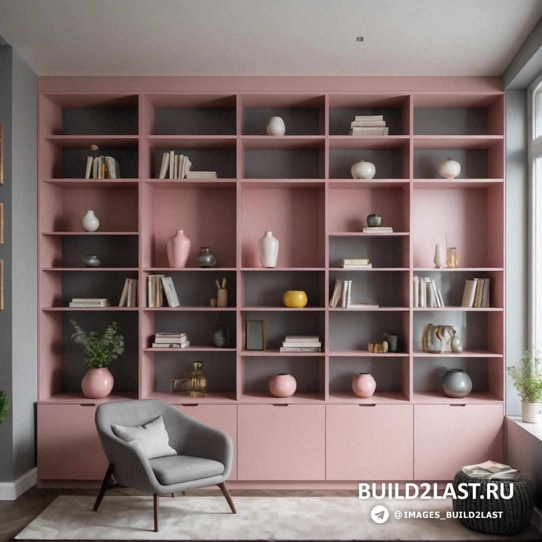 Движение декоративно-прикладного искусства - 3D рендеринг. Гостиная с розовым книжным шкафом и серым стулом перед окном с растением в горшке.