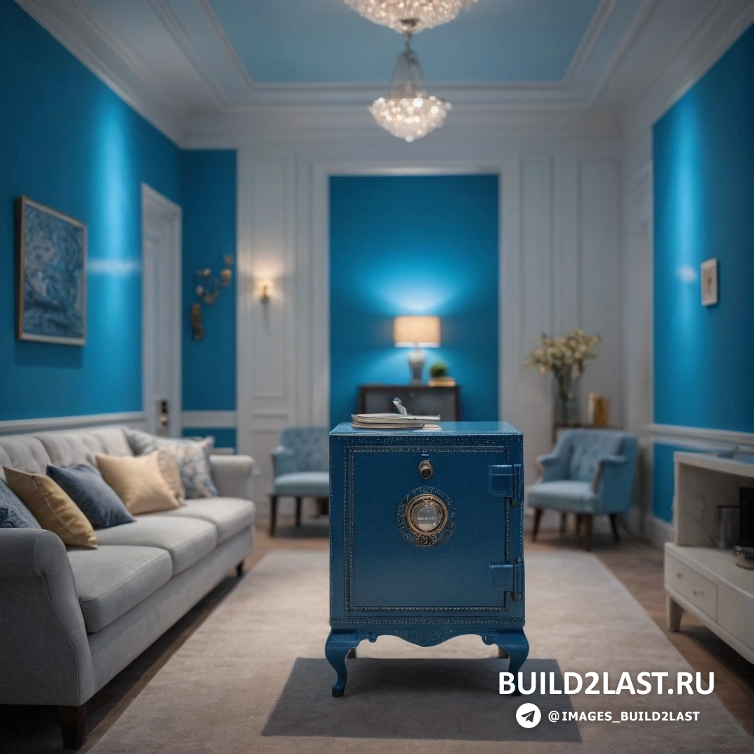 Фотореализм - 3D-рендеринг. Гостиная с синими стенами, белым диваном и синим шкафом посередине комнаты