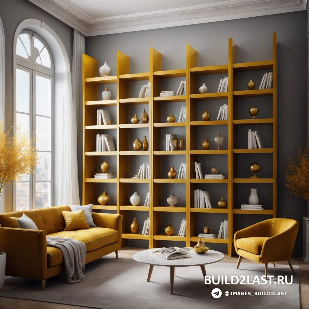 Фотореализм - 3D рендер. Гостиная с желтым диваном, книжной полкой с книгами и белым столом с вазой.