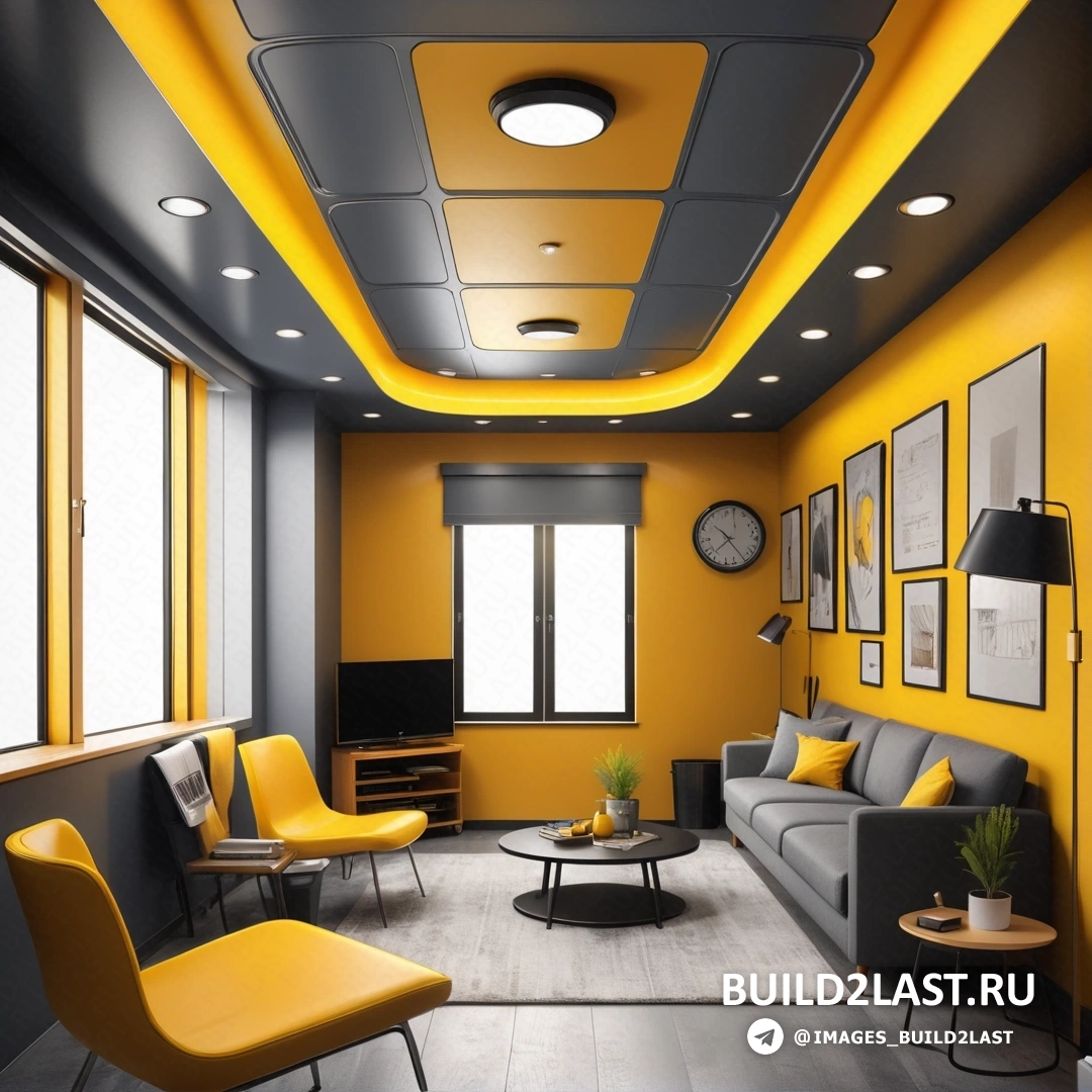 De stijl - цифровой рендеринг. Гостиная с желто-серой мебелью, черным журнальным столиком и часами на стене.