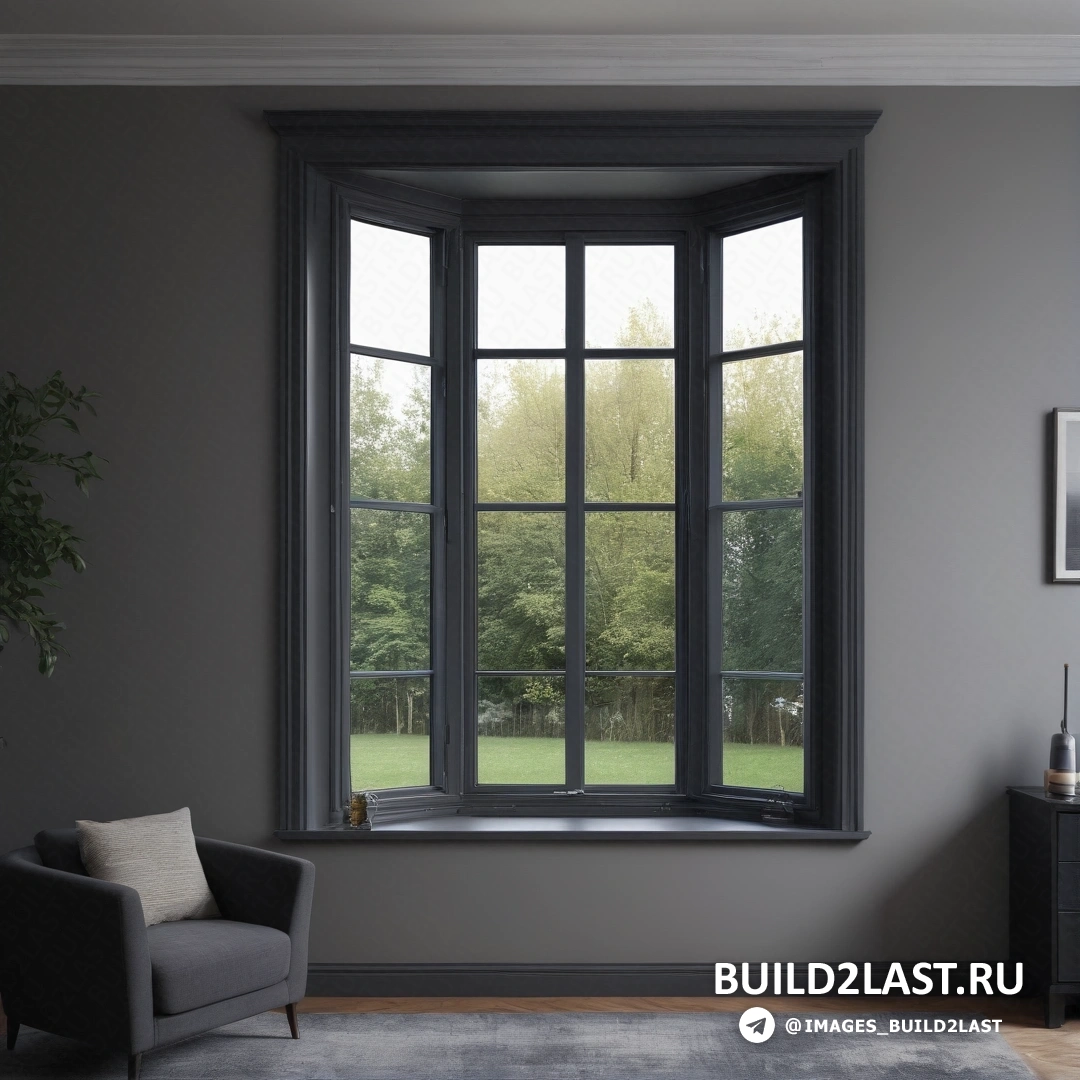 Тонализм - цифровая визуализация. Гостиная со стулом и большим окном с видом на поле за ним