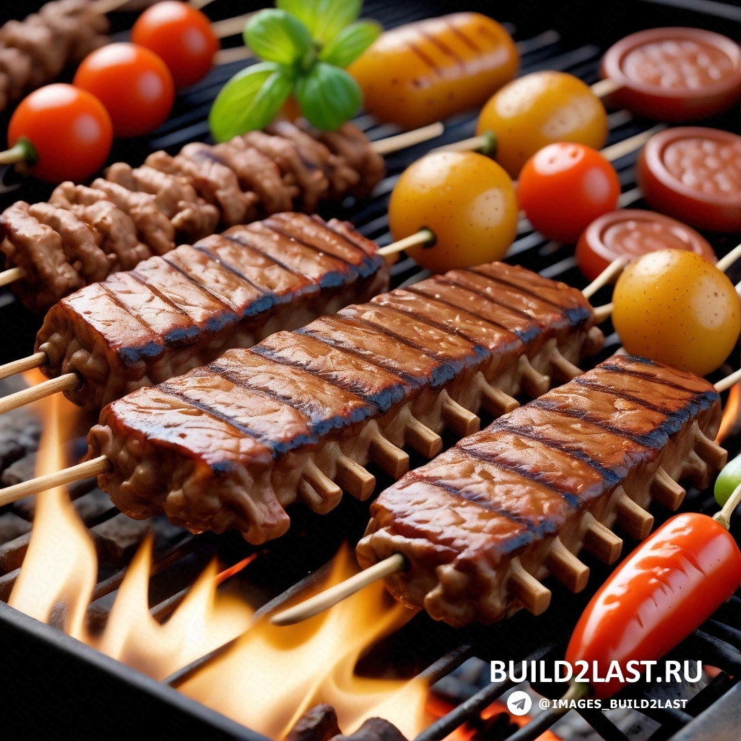 Дау-аль-сет - стоковое фото. Гриль с несколькими шашлыками из мяса и овощей, включая помидоры.