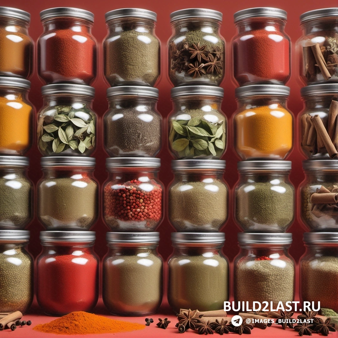 Бессвязные - стоковое фото. Группа банок, наполненных специями и специями, на столе рядом с кучей специй и трав.