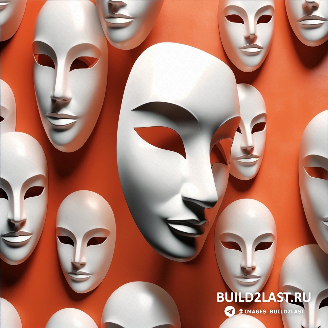 Абстрактный иллюзионизм - стоковое фото. Группа белых масок с лицами на красном фоне.