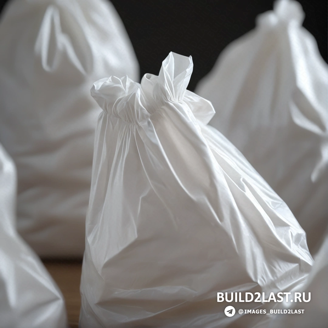 Plasticien - рендер с окклюзией окружающего пространства. Группа белых пакетов на столе рядом друг с другом на деревянном столе