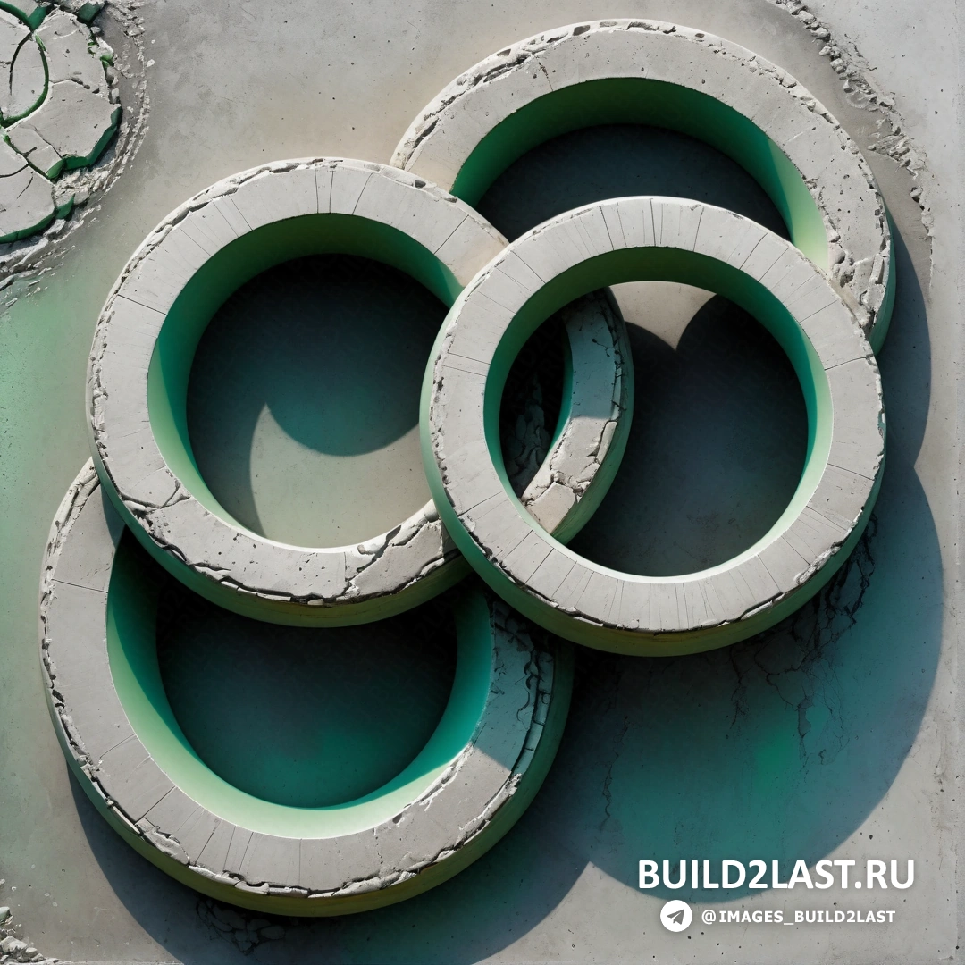 Бетонное искусство - абстрактная скульптура. Группа цементных кругов на цементной стене рядом с башней с часами.