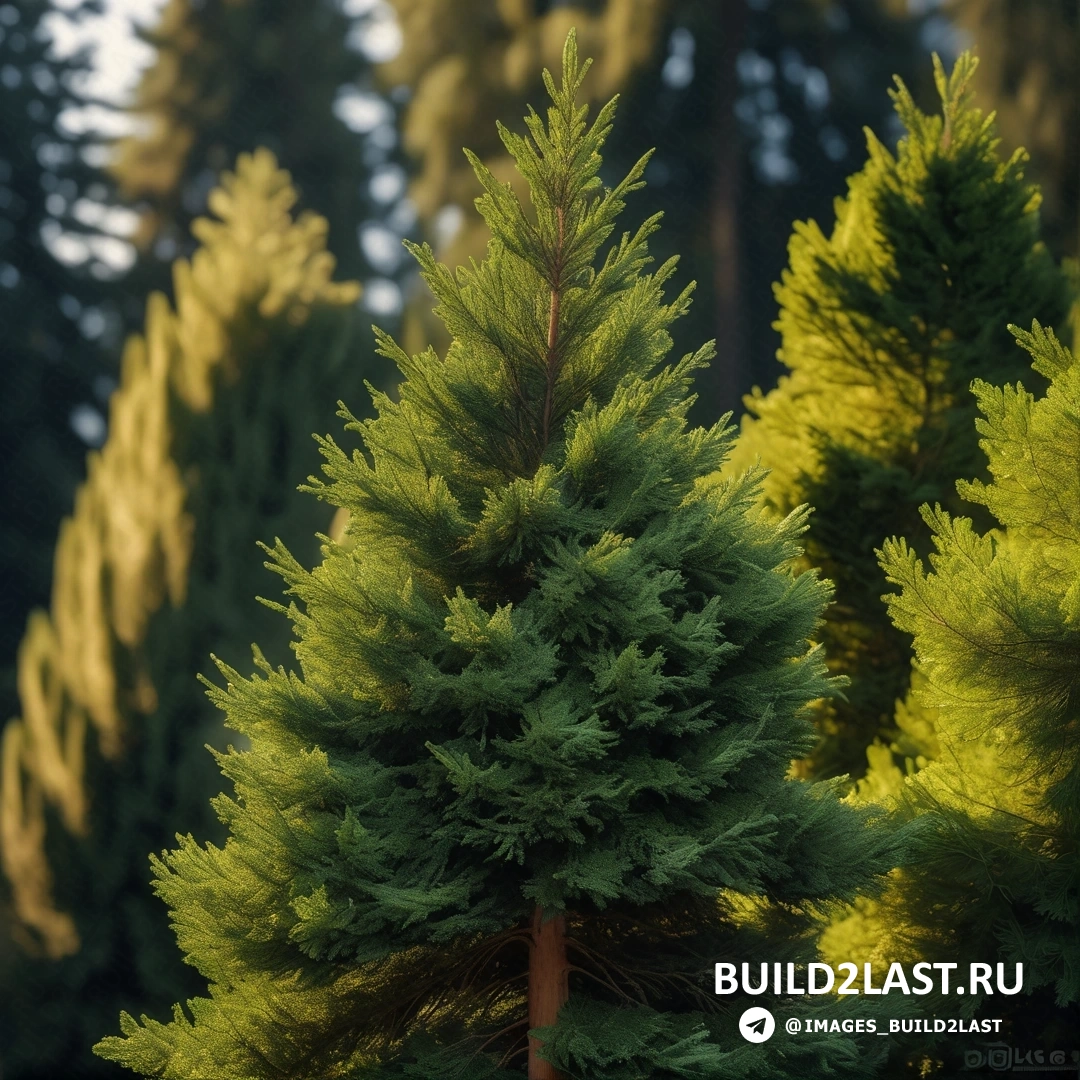 Фотореализм - 3D рендер. Группа деревьев, расположенных рядом друг с другом в лесу на фоне неба.