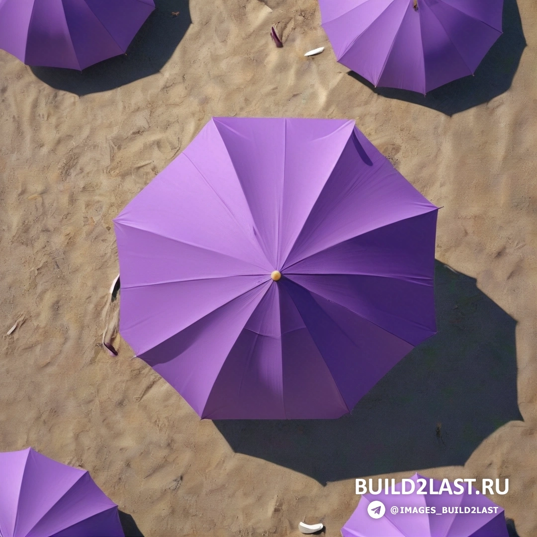 Синхромизм - 3D-рендеринг. Группа фиолетовых зонтиков, лежащих на вершине песчаного пляжа рядом с водоемом, на пляже стоит человек