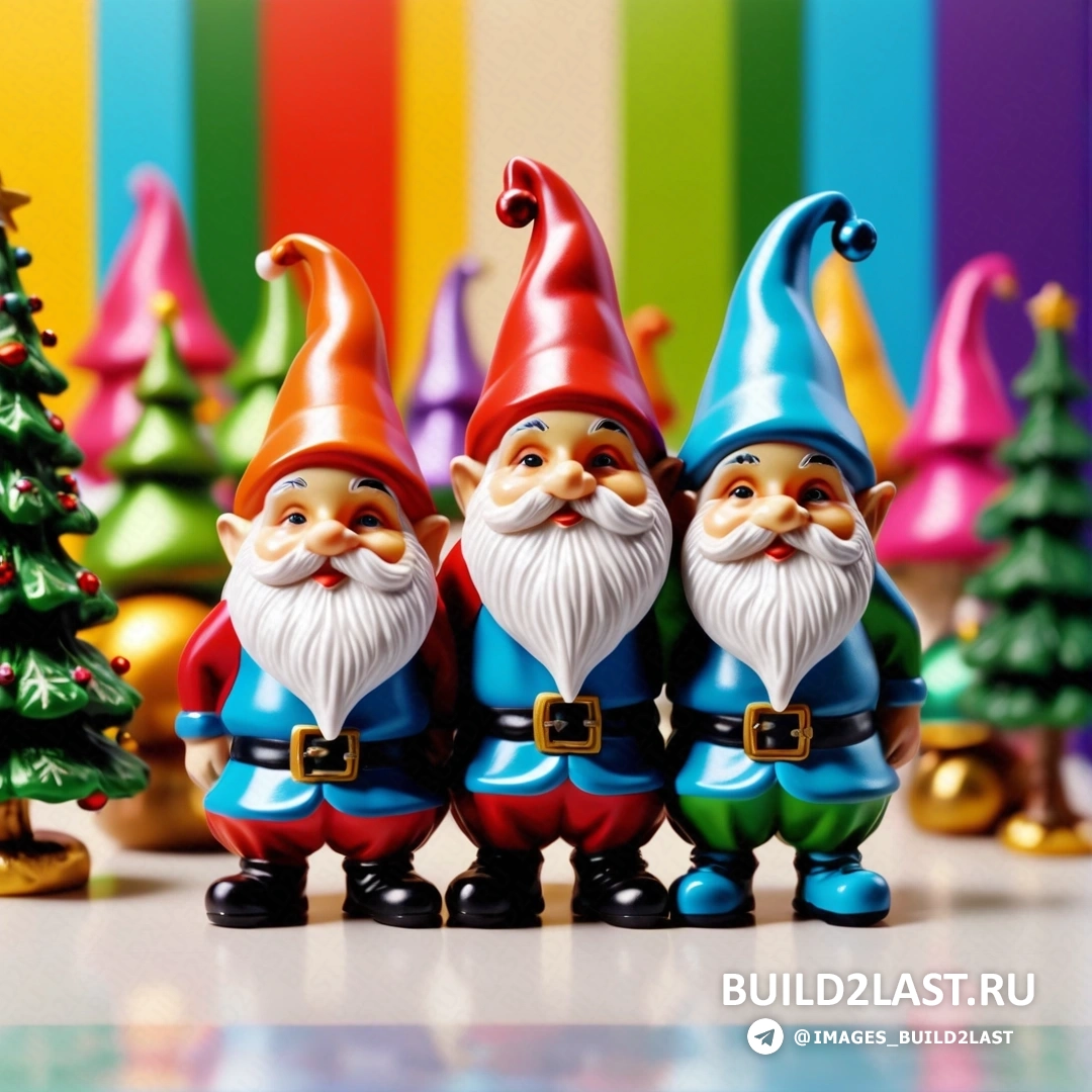группа гномов, стоящих рядом с рождественской елкой перед радужной полосатой стеной на радужном фоне