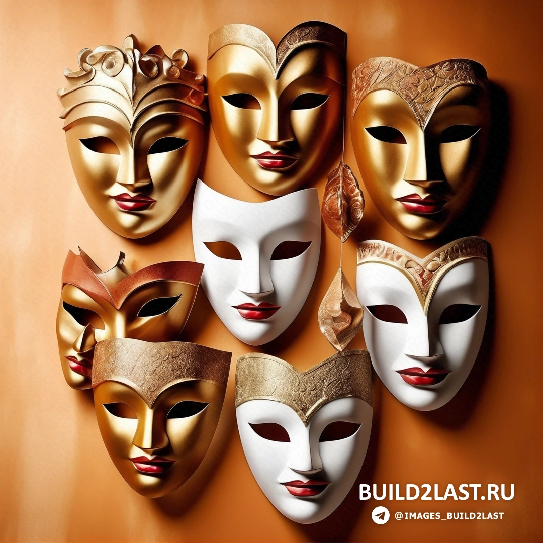 Абстрактный иллюзионизм - стоковое фото. Группа из пяти масок на стене рядом друг с другом на стене с коричневым фоном.