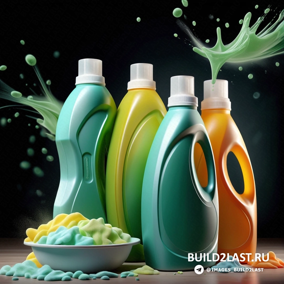 Lyco art - 3D рендер. Группа из трех бутылок моющего средства рядом с миской со стиральными порошками.