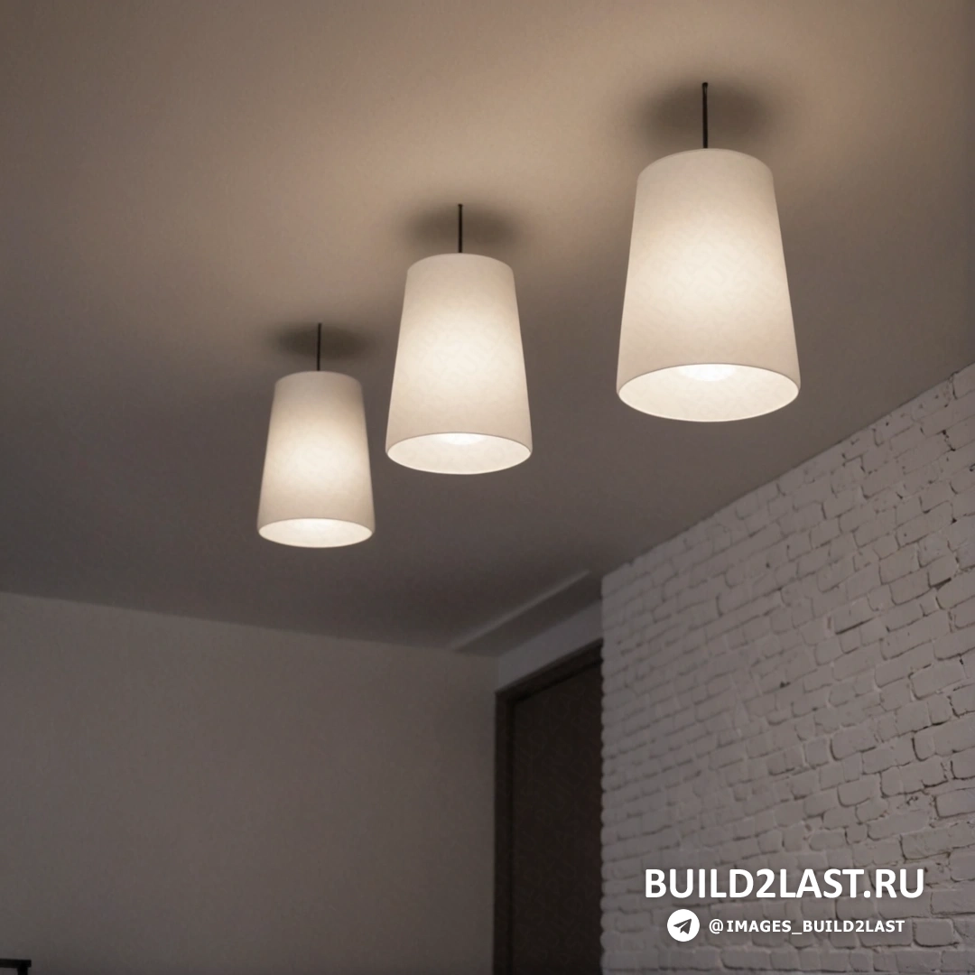 Минимализм - 3D-рендер. Группа из трех огней, висящих на потолке над кроватью в комнате с кирпичной стеной