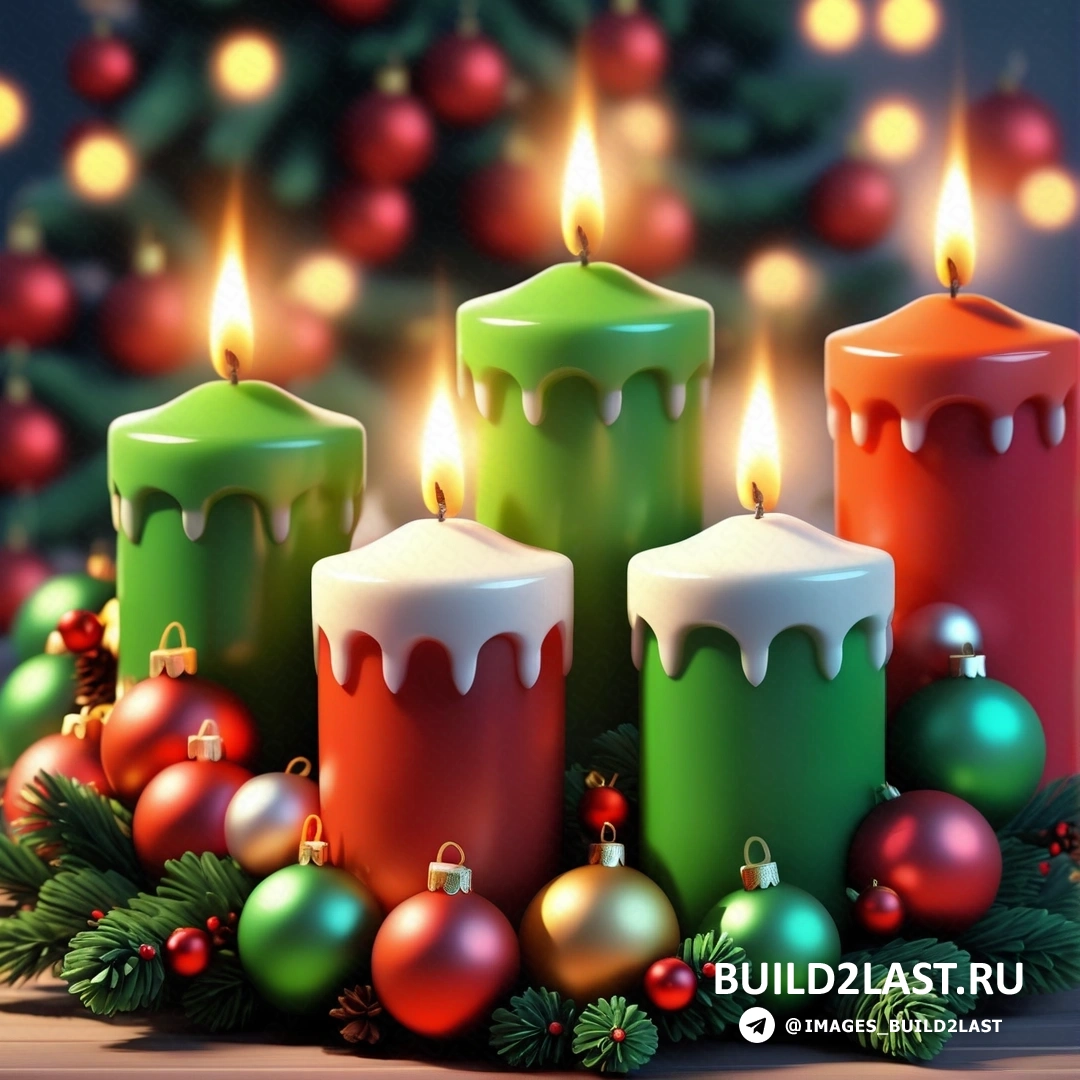 группа из пяти свечей, рядом с рождественской елкой с украшениями