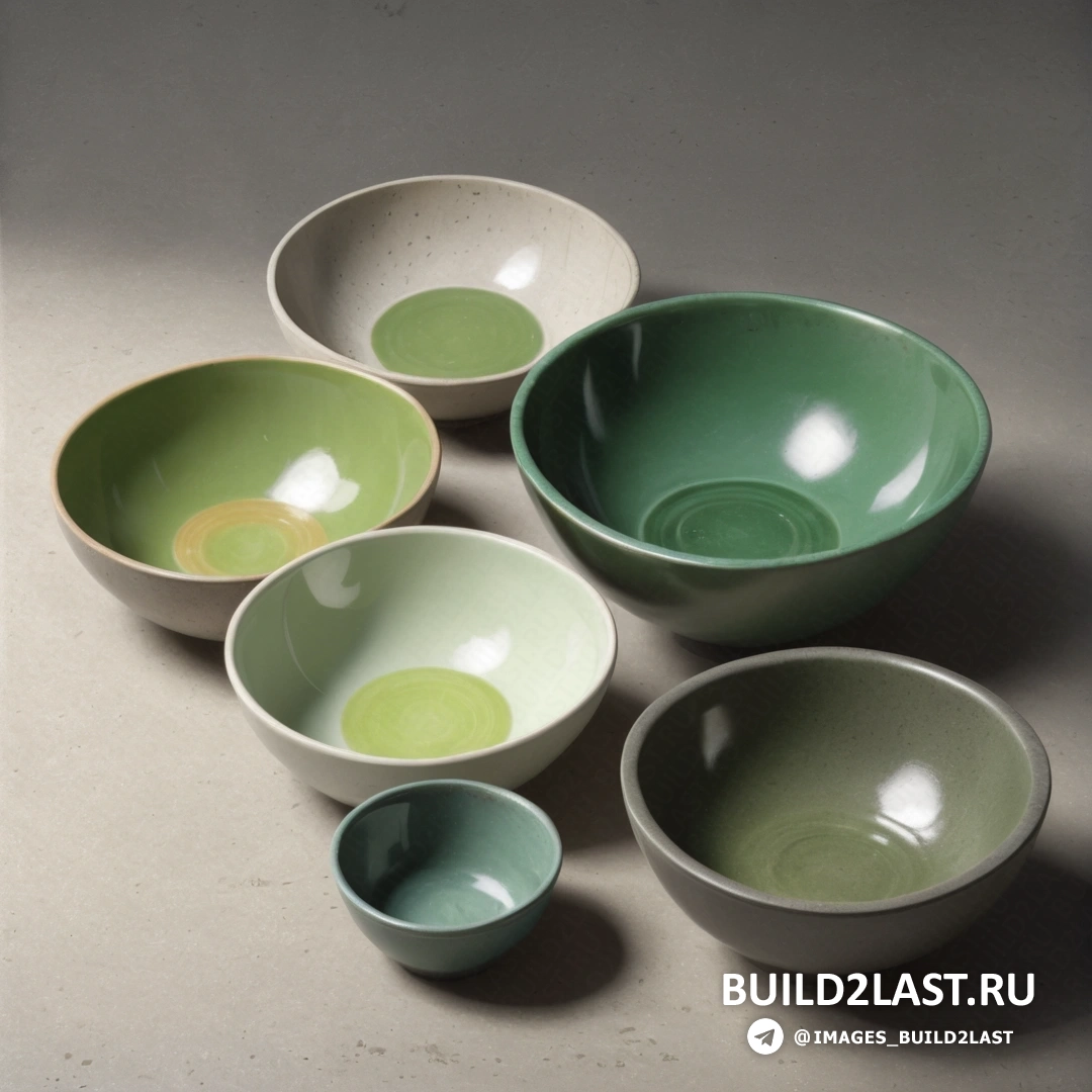 Мингей - натюрморт. Группа мисок на столе рядом друг с другом на столешнице с белой поверхностью.