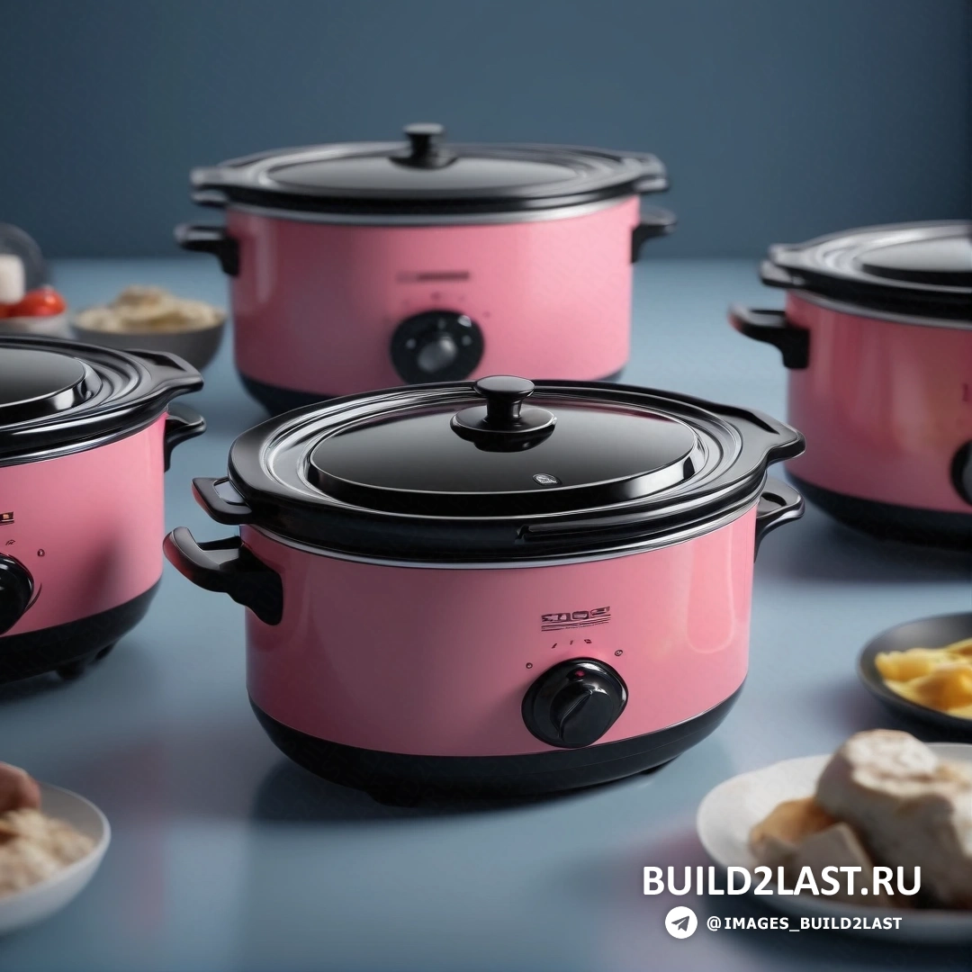 Китчевое движение - 3D-рендеринг. Группа розовых горшочков на столе рядом с тарелками с едой и миской сыра