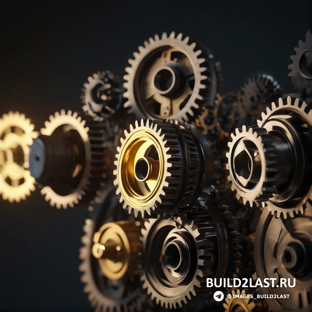 Les automatistes - компьютерная графика. Группа шестеренок на стене вместе в комнате со светом на ней и черным фоном