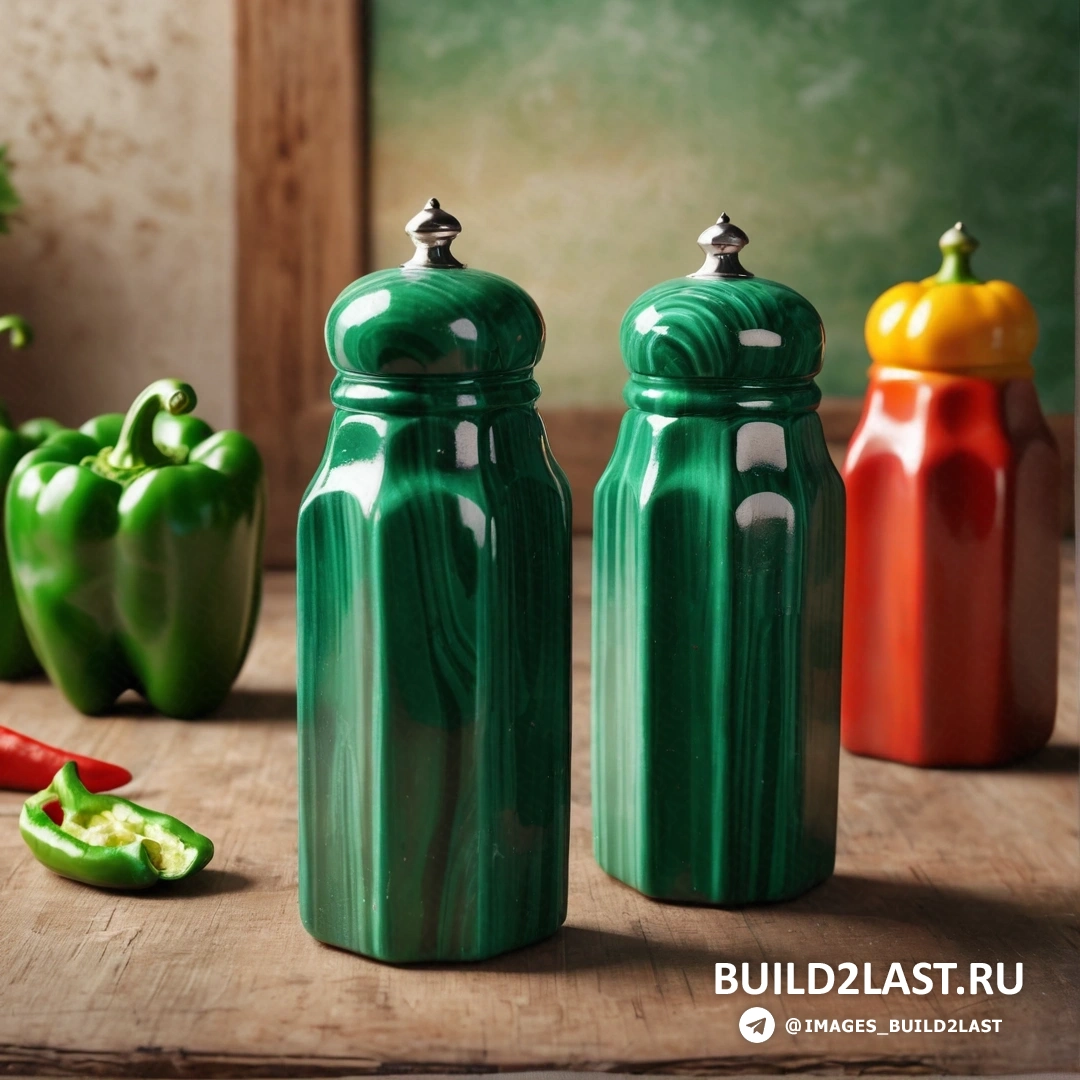 Перегородчатость - 3D рендер. Группа шейкеров для зеленого перца на деревянном столе рядом с перцем и перцем на разделочной доске.