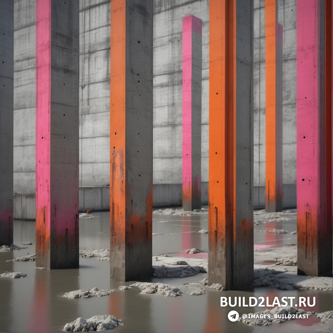 Бетонное искусство - 3D рендер. Группа столбов, стоящих в грязи и воде с оранжевыми и розовыми полосами на них и зданием на заднем плане.