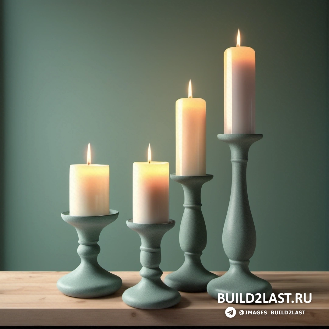Фотореализм - 3D рендер. Группа свечей на деревянном столе рядом друг с другом на столешнице с зеленой стеной позади них.