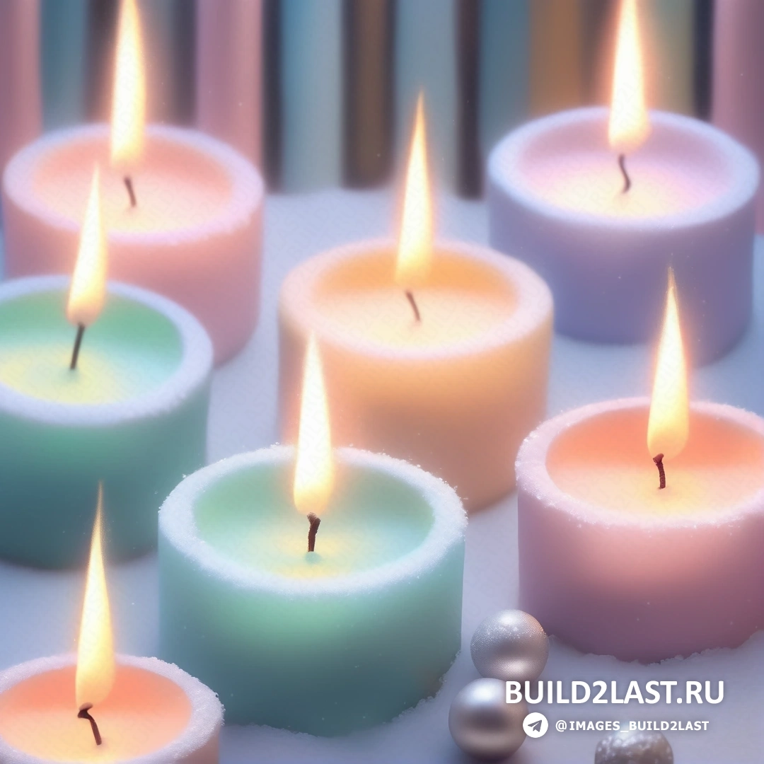группа свечей со свечами разного цвета на столе с орнаментом и размытым фоном