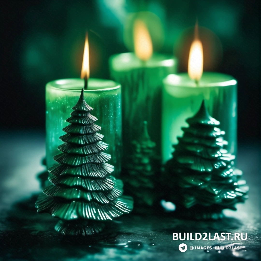 группа свечей, стоящих рядом друг с другом на столе с зеленым фоном и зажженной рождественской елкой