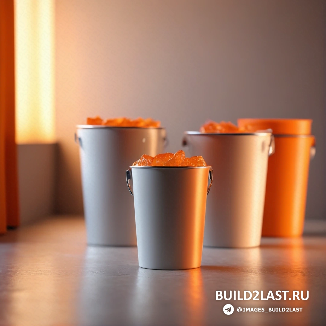 Постминимализм - 3D-рендеринг. Группа ведер на столе рядом с окном со шторой за ними