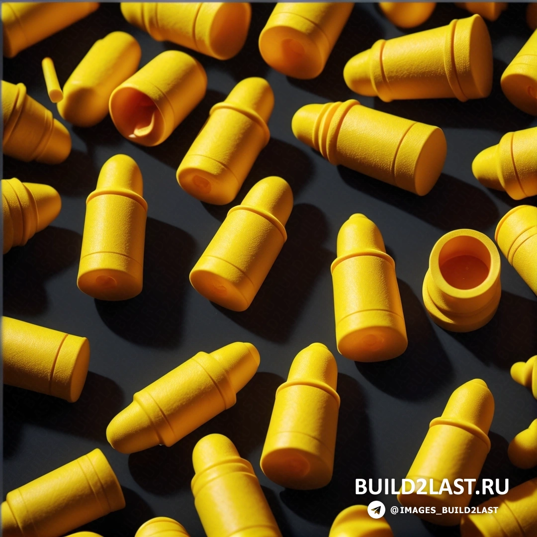 Прецизионизм - 3D рендер. Группа желтых пластиковых предметов на столе на черном фоне.
