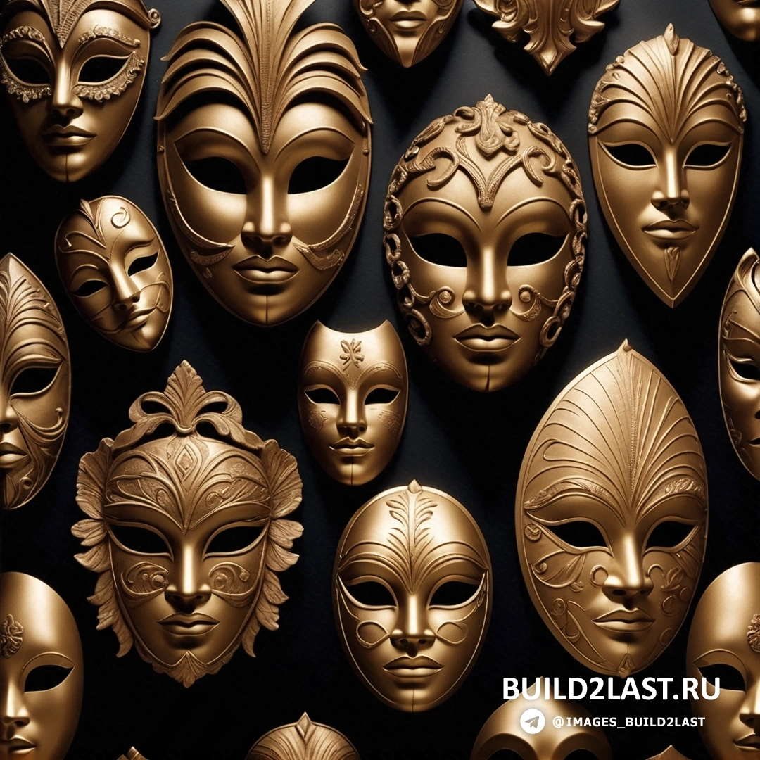 Маньеризм - стоковое фото. Группа золотых масок разной формы.