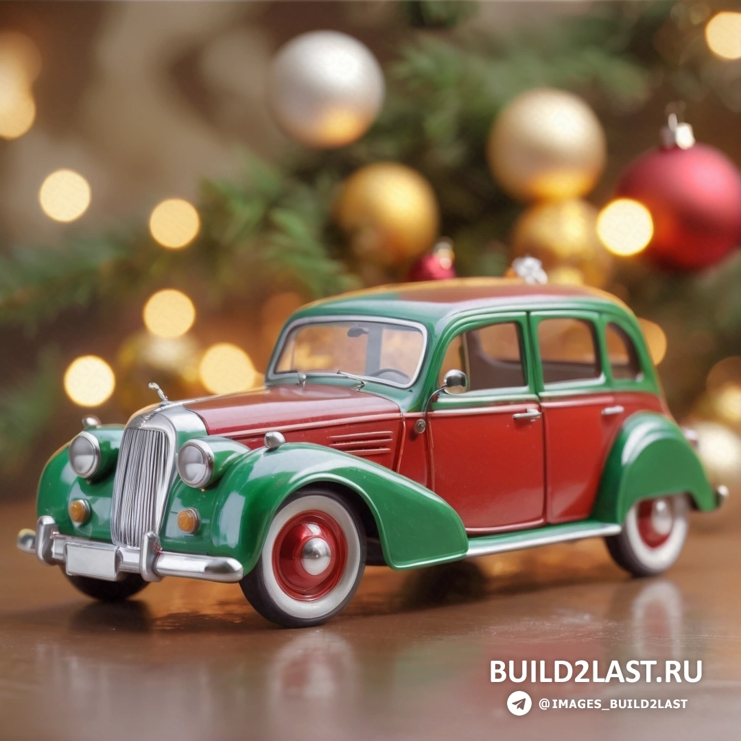 игрушечная машинка на столе возле рождественской елки и горит, с красно-зеленой машиной