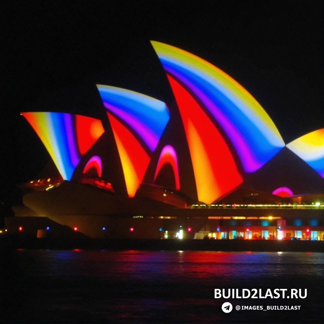 Иллюстрация музыкально-светового шоу на фасаде театра в Сиднее, украшенного разноцветными инсталляциями и архитектурной подсветкой