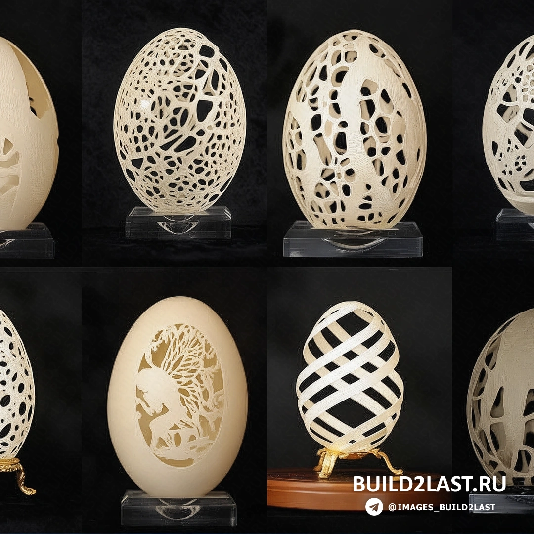 Резьба по яичной скорлупе в коричневых, серых и белых тонах. Иллюстрация резьбы по яичной скорлупе в белом, коричневом и сером цветах, выполненная в хэнд-мэйд стиле.