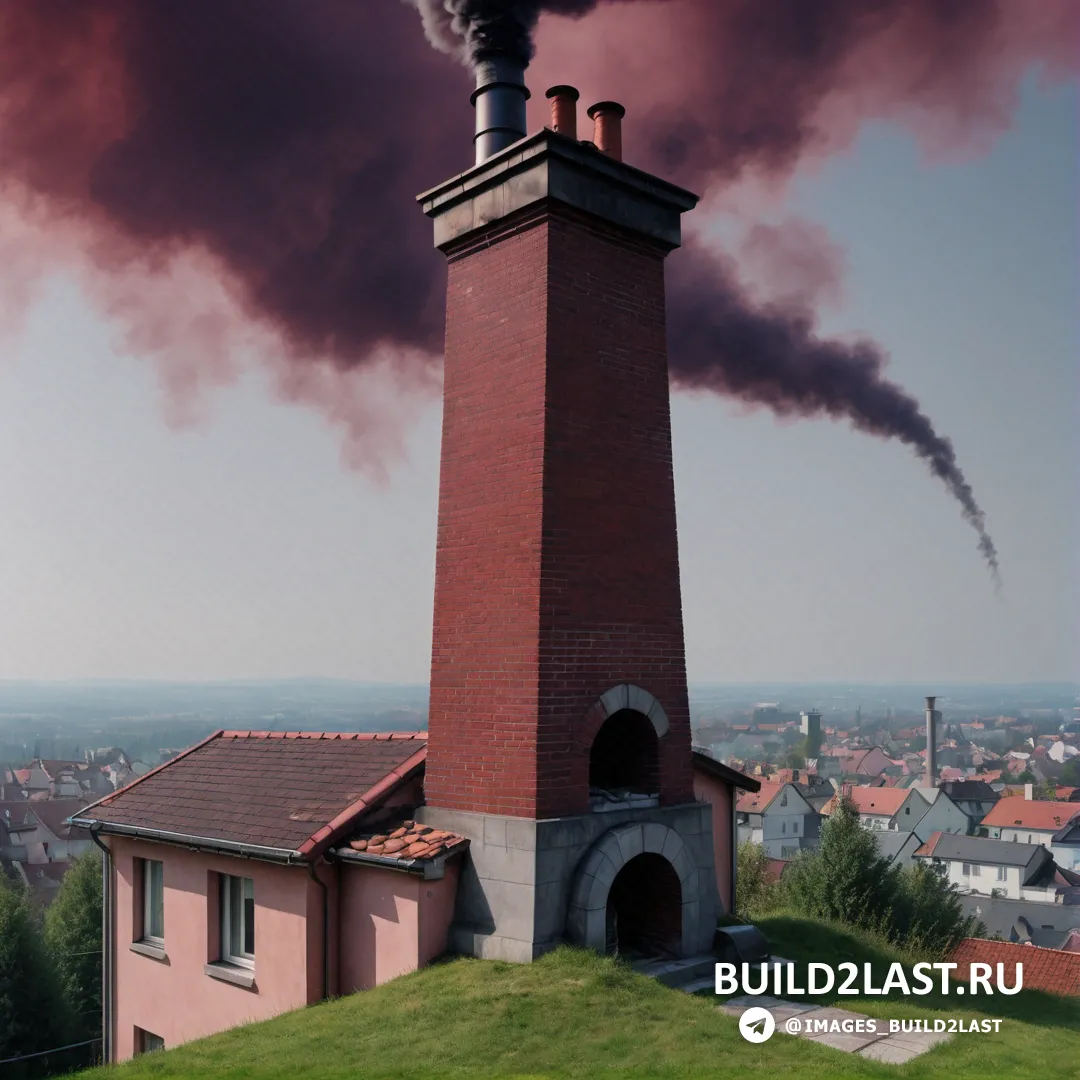 Экологическое искусство - матовая живопись. Дымовая труба выходит из трубы на крыше здания в городе с зеленой лужайкой.