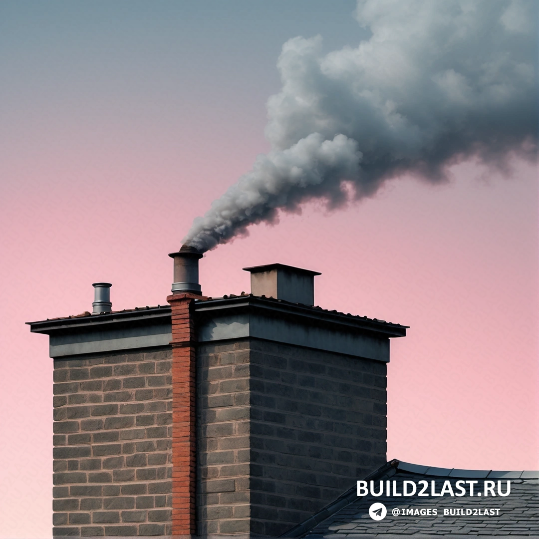 Экологическое искусство - стоковое фото. Дымовая труба выходит из трубы кирпичного здания в сумерках на фоне розового неба.