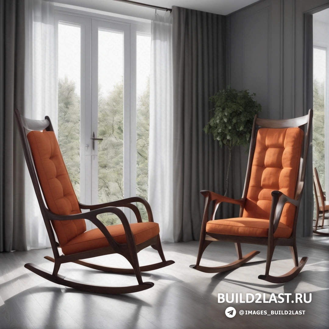 Движение декоративно-прикладного искусства - 3D рендеринг. Кресло-качалка и кресло-качалка в комнате с окном и шторами сбоку комнаты