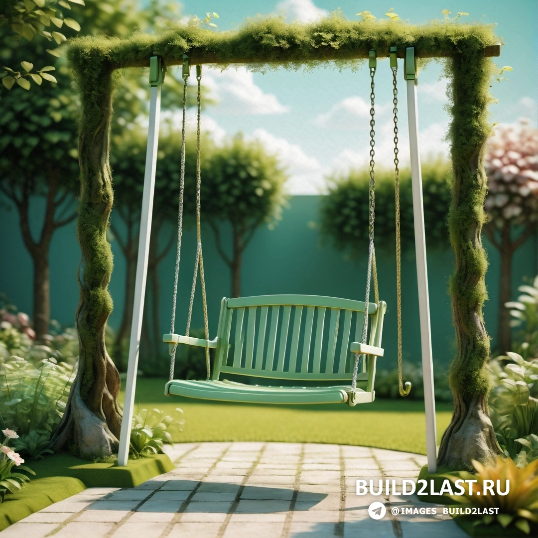 Фотореализм - 3D рендер. Качели в саду с деревом и травой на земле и дорожкой, ведущей к скамейке.