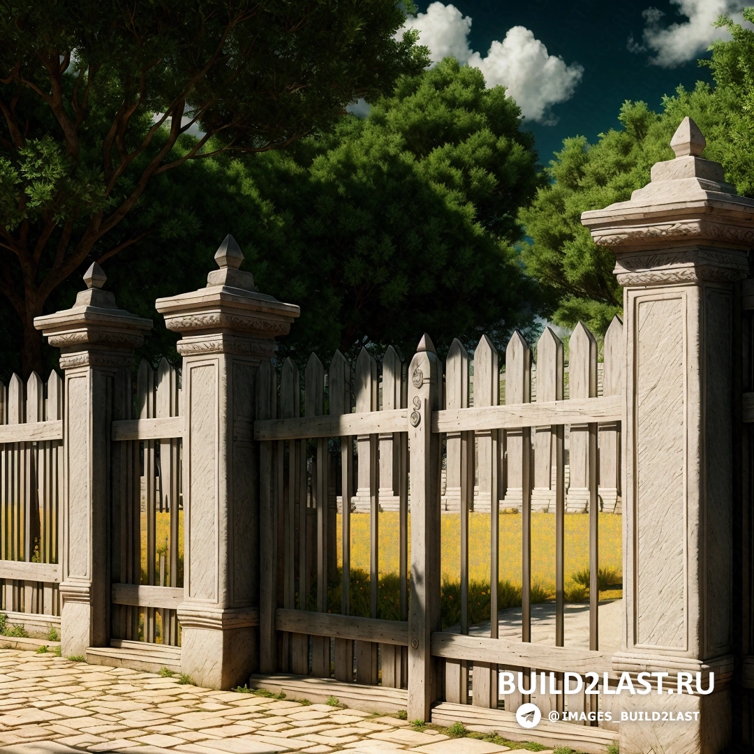 Build2Last: фотореализм - детальная матовая живопись. каменный забор с деревом и каменная дорожка перед ним с каменной дорожкой между ним